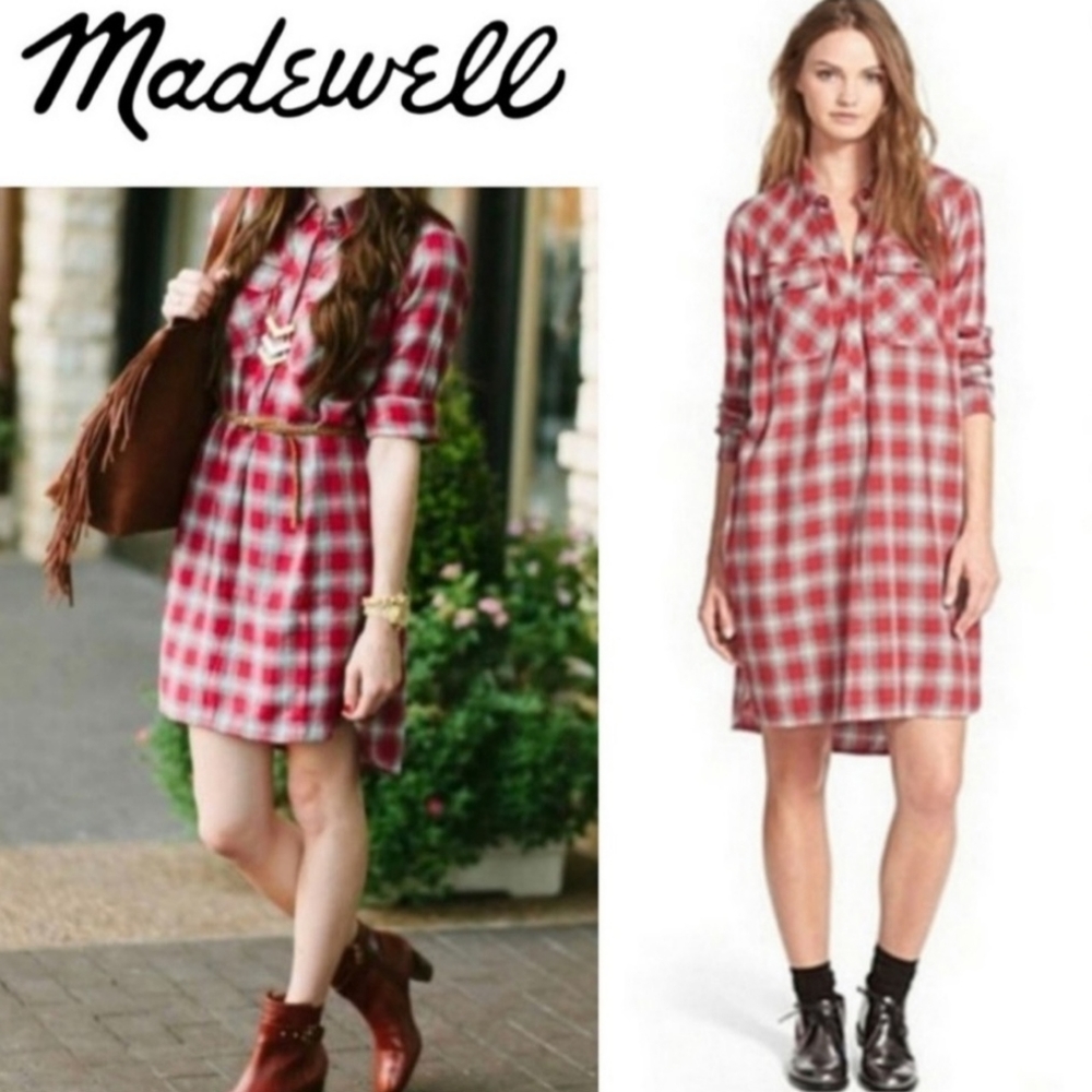 Madewell Flannel Shirt Dress Womens Size S Small Red Plaid Long Sleeve Tunic‎
